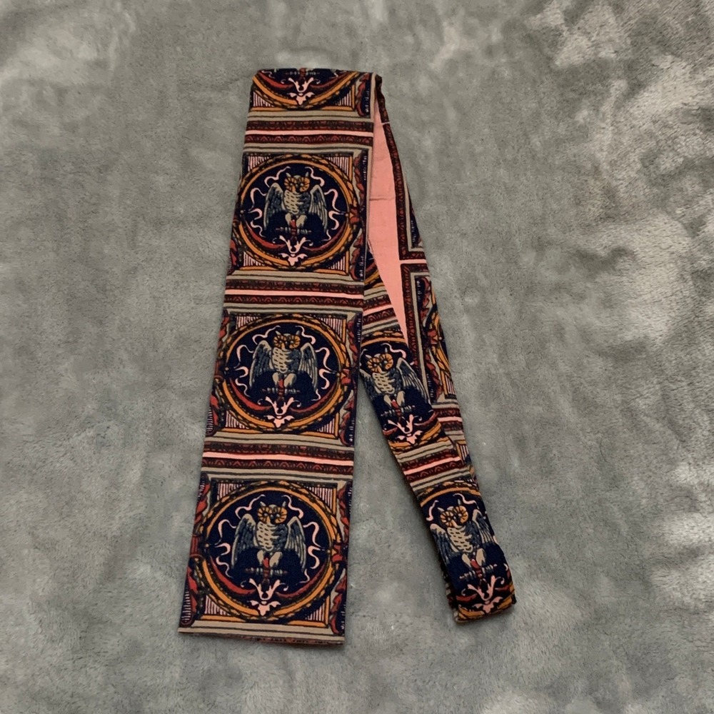 Vtg Rooster Owl Hand Printed Silk Tie Macys Mens Store Navy Pink Square 3x54